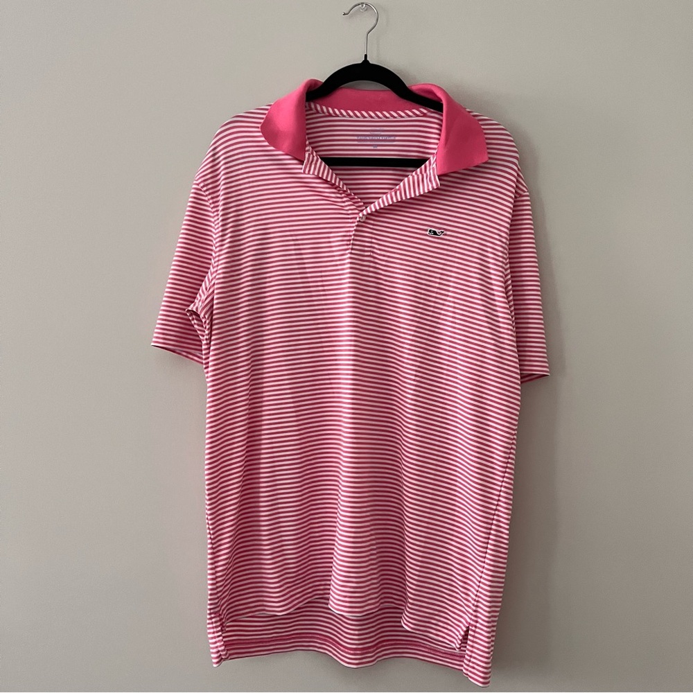 Salmon and white striped vineyard vines polo shirt